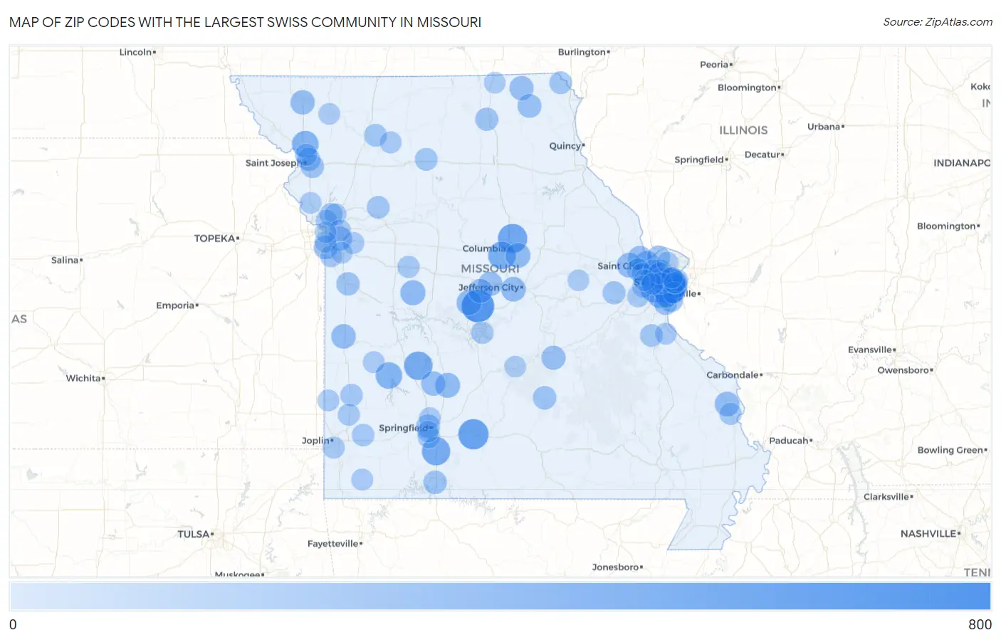 Zip Codes with the Largest Swiss Community in Missouri Map