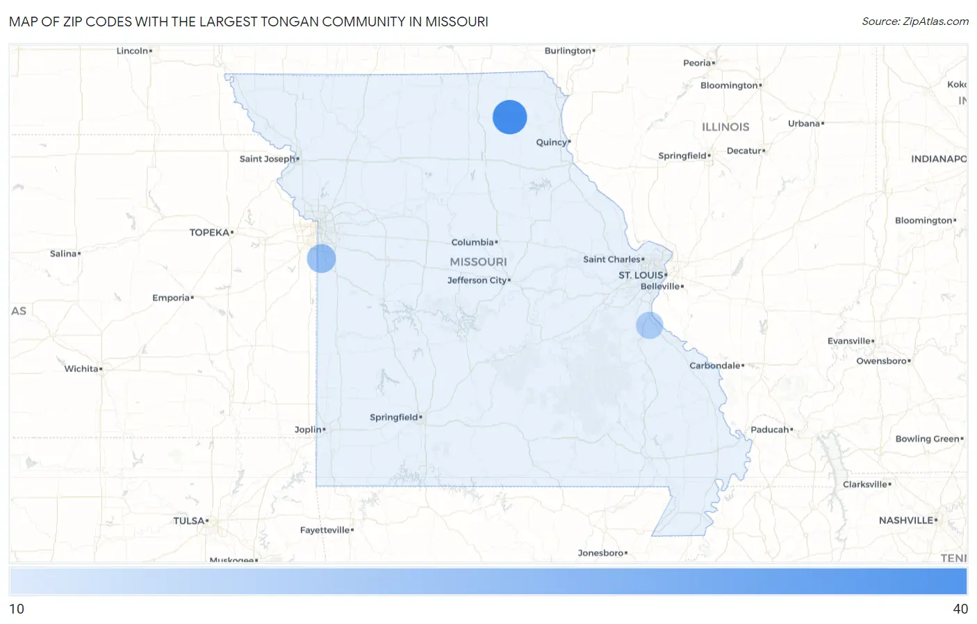 Zip Codes with the Largest Tongan Community in Missouri Map