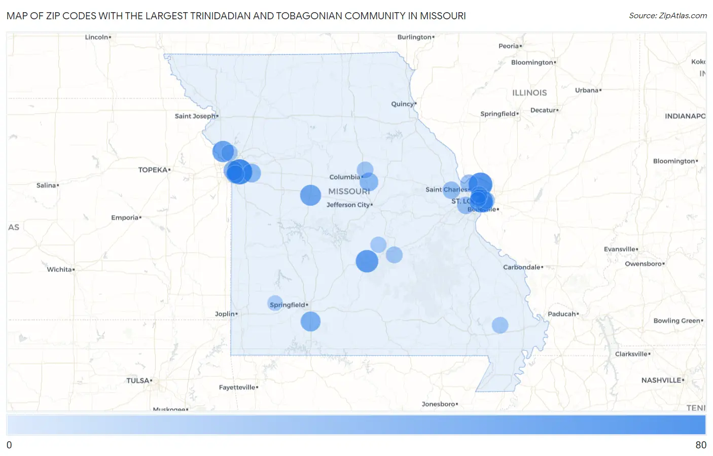 Zip Codes with the Largest Trinidadian and Tobagonian Community in Missouri Map