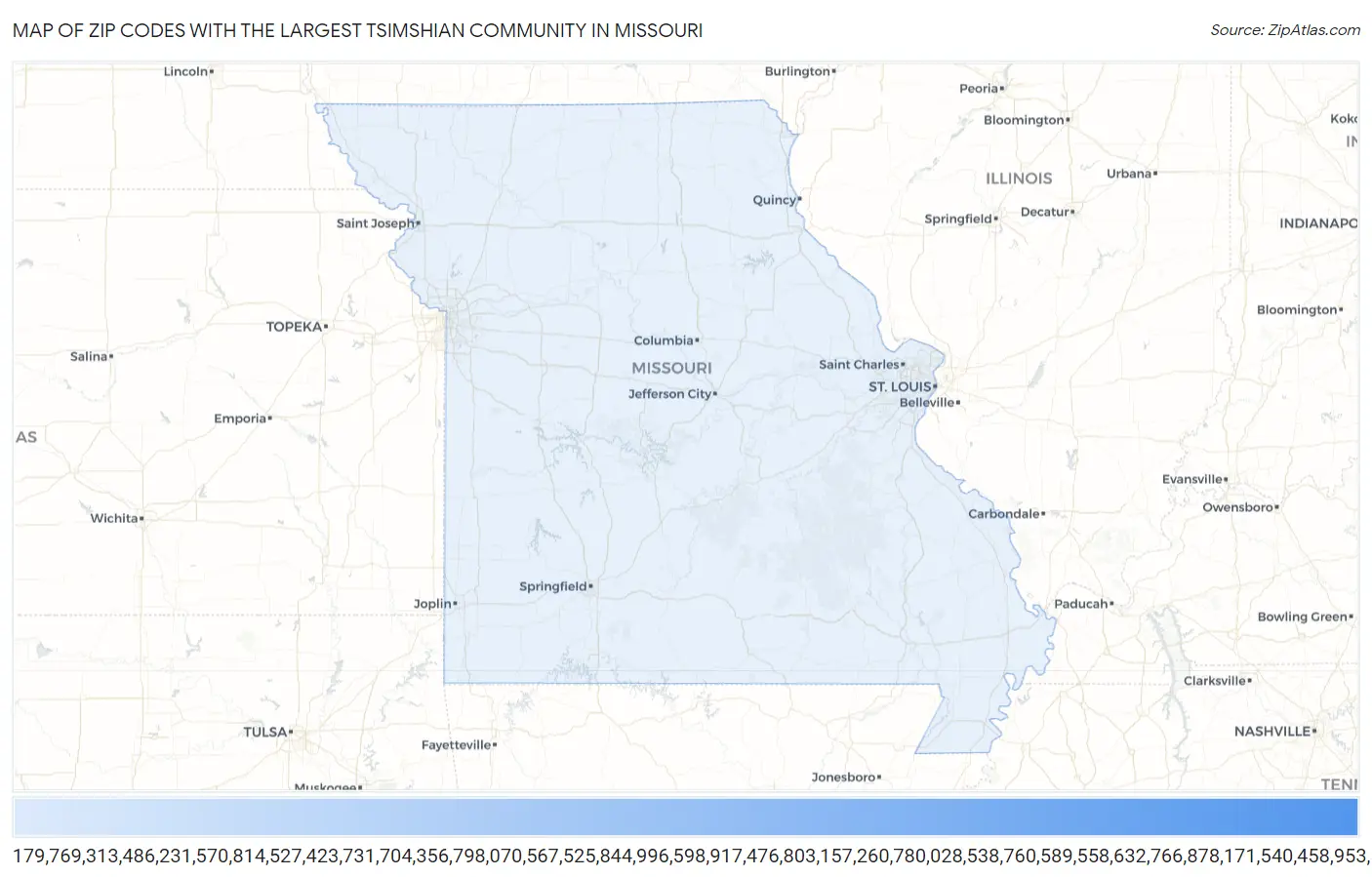 Zip Codes with the Largest Tsimshian Community in Missouri Map