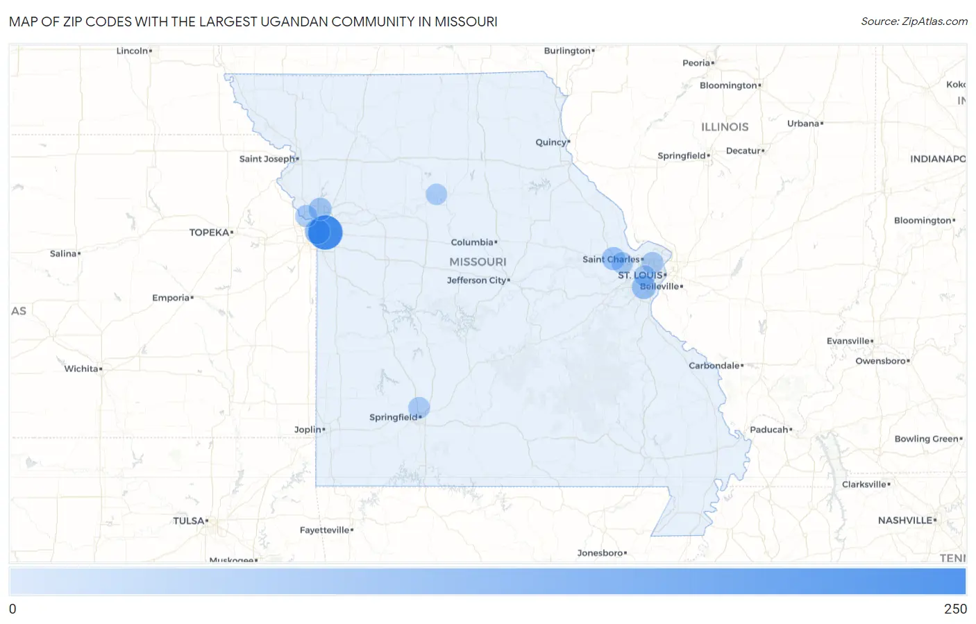 Zip Codes with the Largest Ugandan Community in Missouri Map