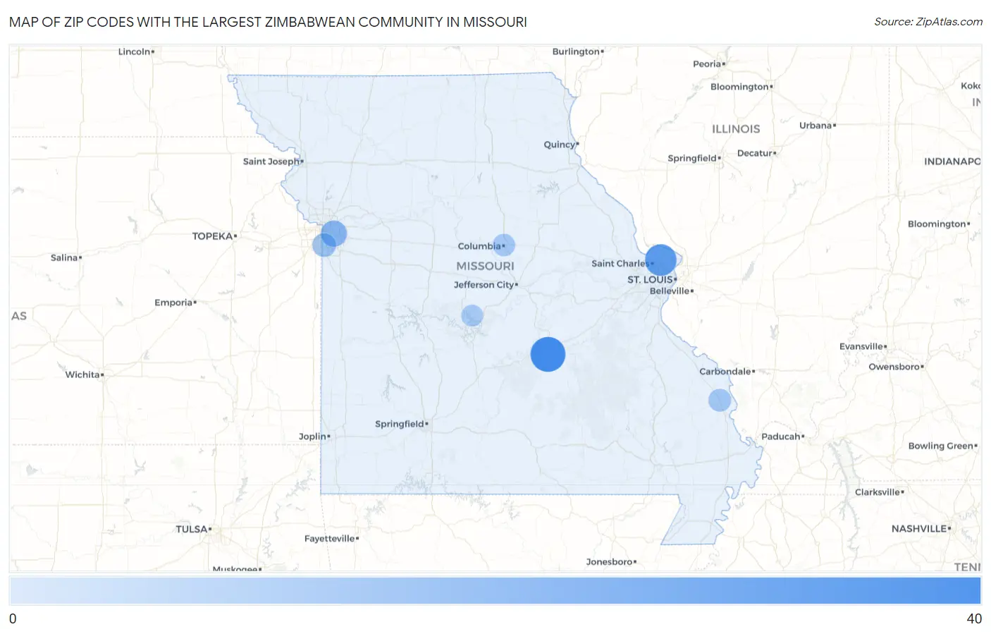 Zip Codes with the Largest Zimbabwean Community in Missouri Map