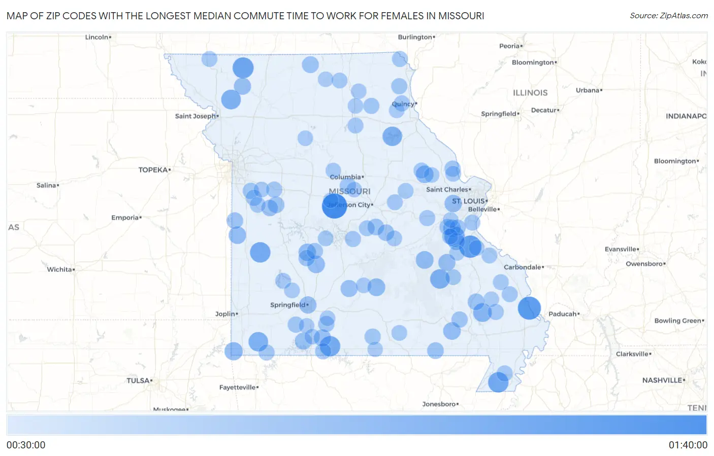 Zip Codes with the Longest Median Commute Time to Work for Females in Missouri Map