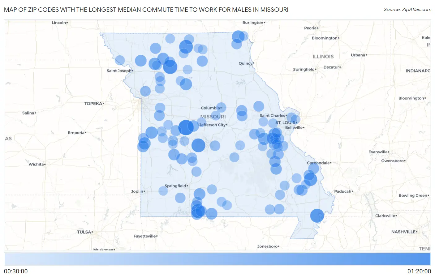 Zip Codes with the Longest Median Commute Time to Work for Males in Missouri Map