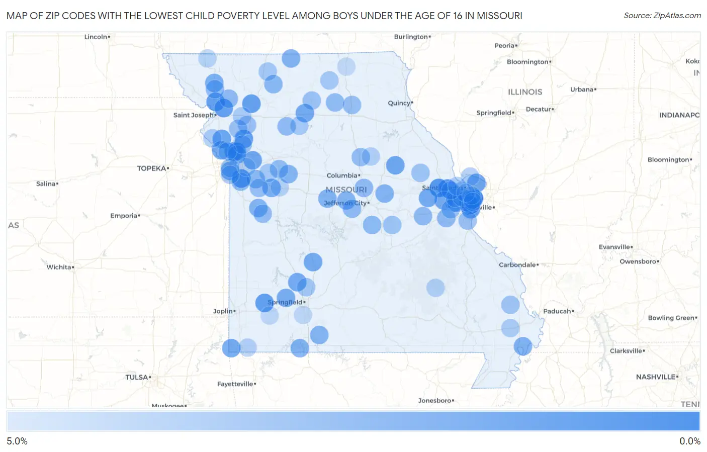 Zip Codes with the Lowest Child Poverty Level Among Boys Under the Age of 16 in Missouri Map
