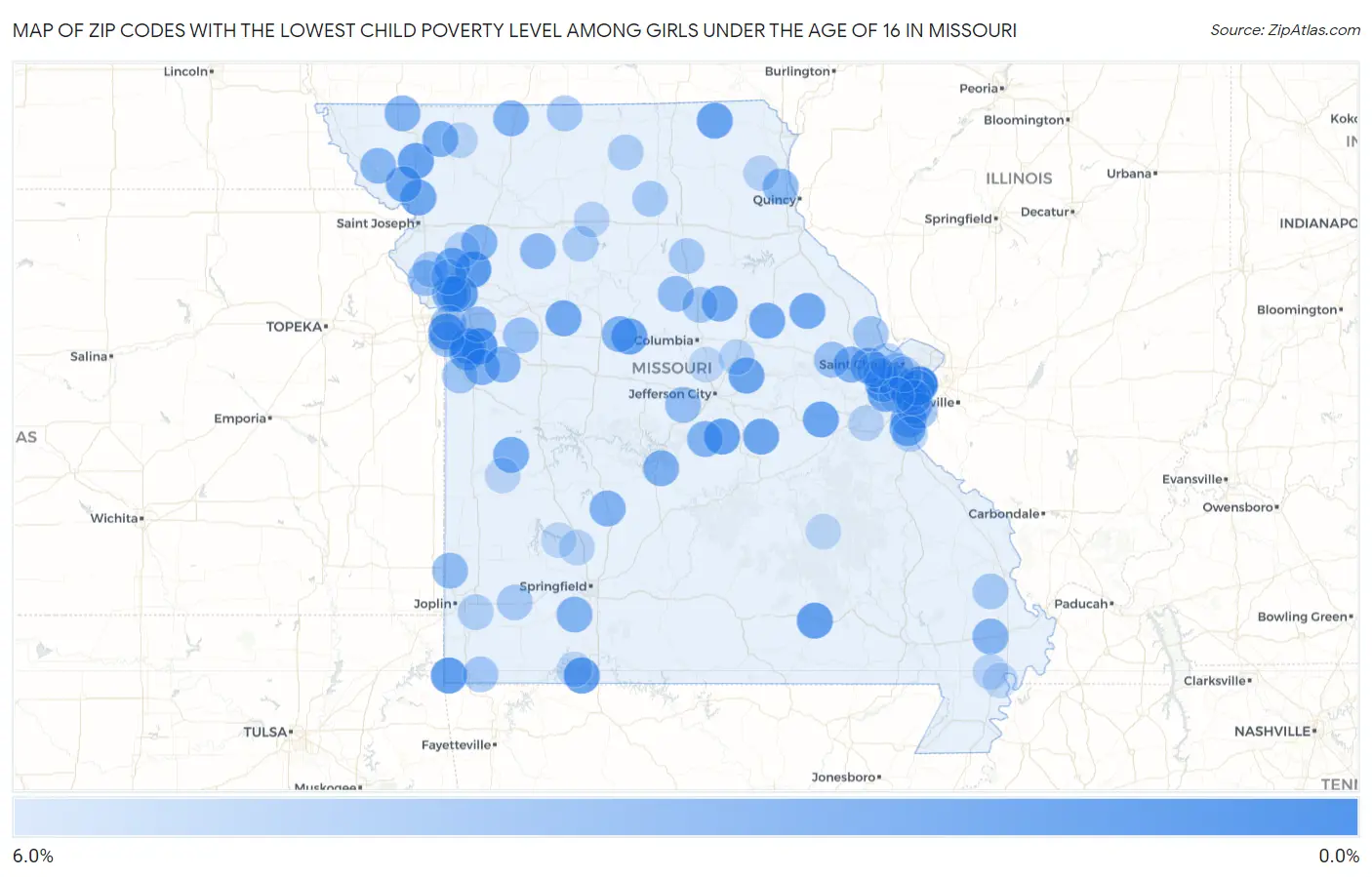 Zip Codes with the Lowest Child Poverty Level Among Girls Under the Age of 16 in Missouri Map