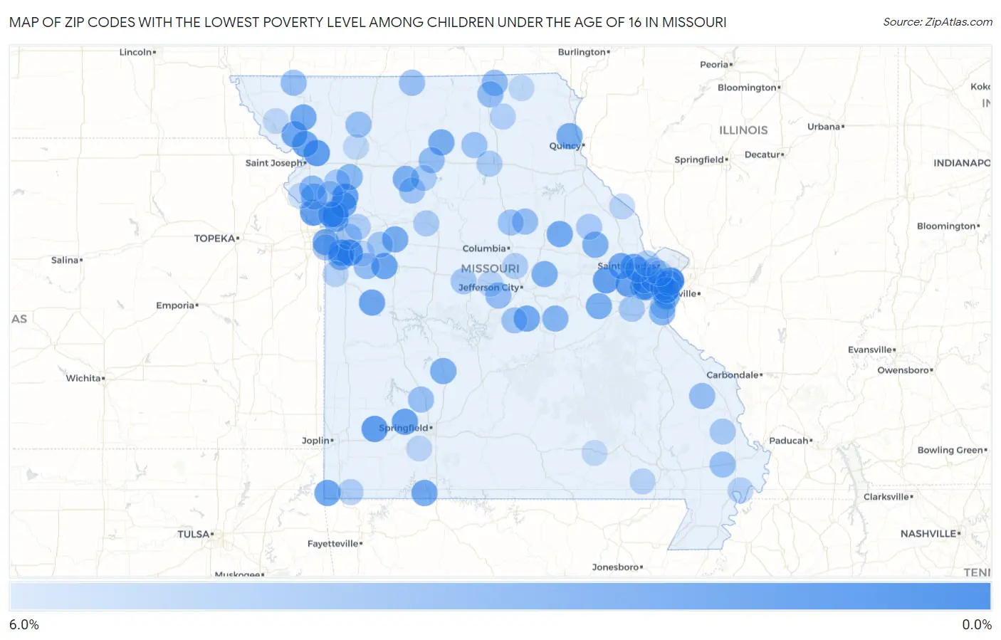 Zip Codes with the Lowest Poverty Level Among Children Under the Age of 16 in Missouri Map