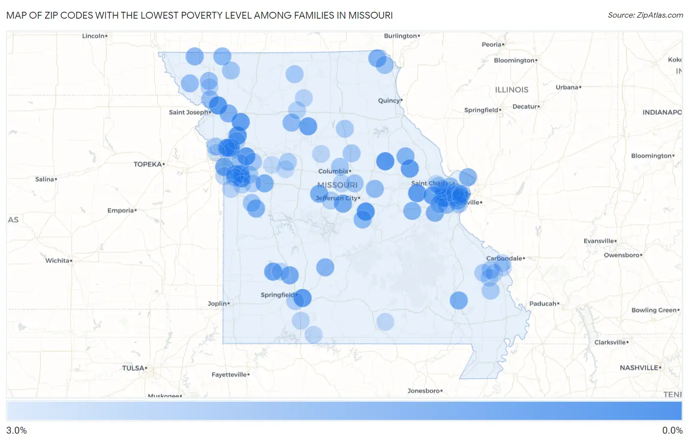Zip Codes with the Lowest Poverty Level Among Families in Missouri Map