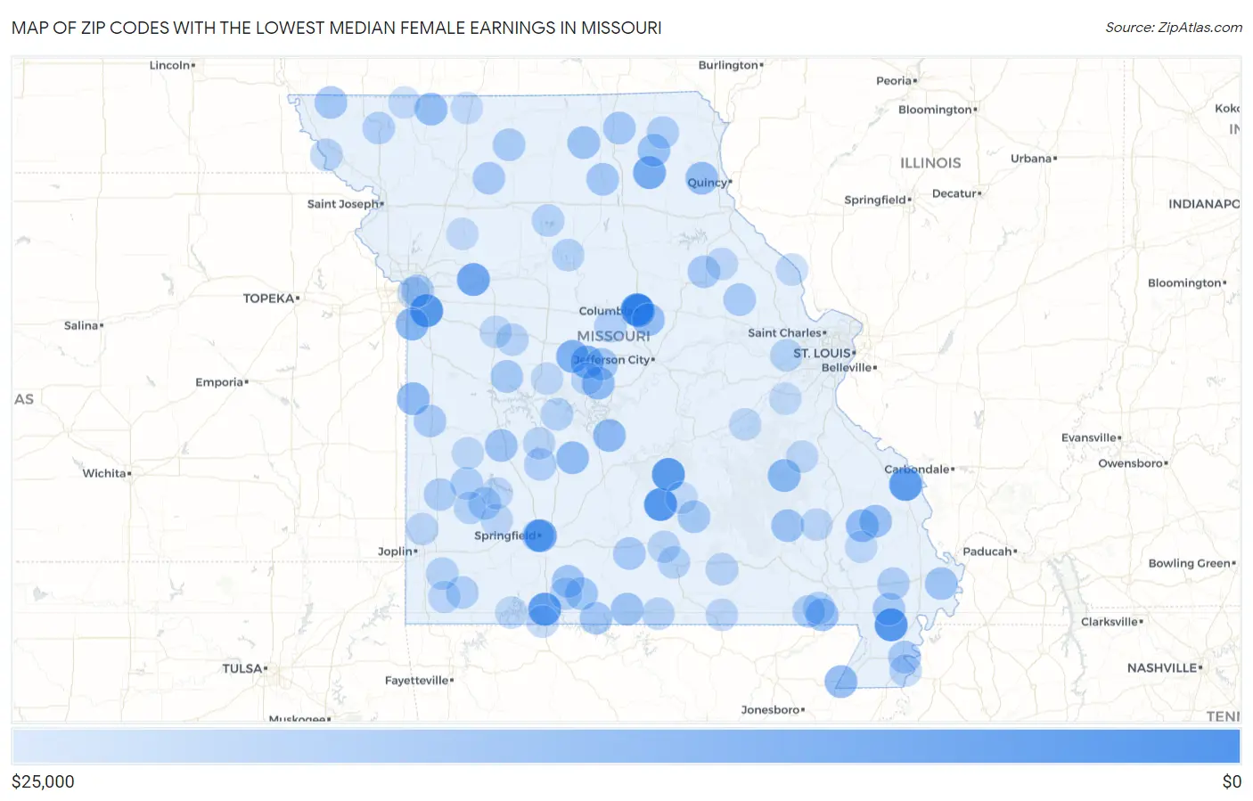 Zip Codes with the Lowest Median Female Earnings in Missouri Map