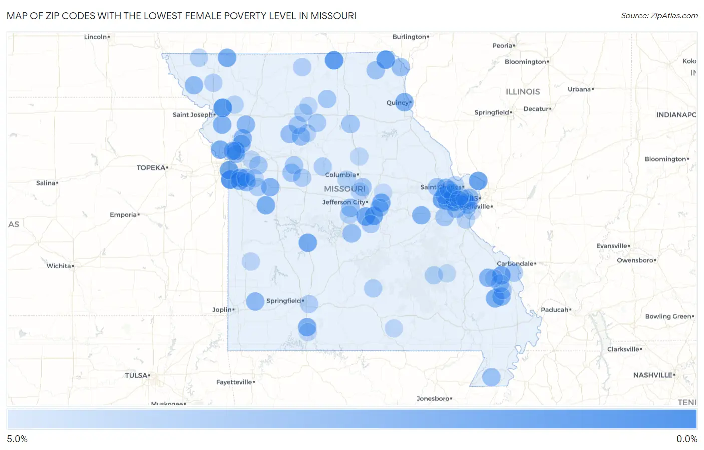 Zip Codes with the Lowest Female Poverty Level in Missouri Map