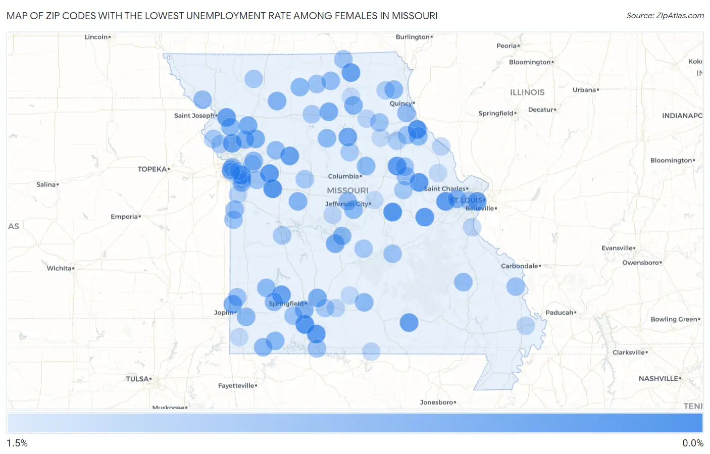Zip Codes with the Lowest Unemployment Rate Among Females in Missouri Map