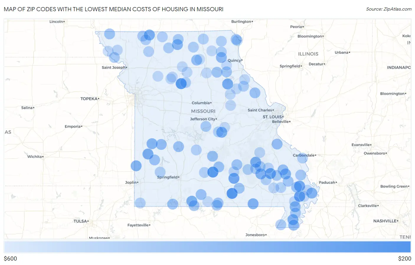 Zip Codes with the Lowest Median Costs of Housing in Missouri Map