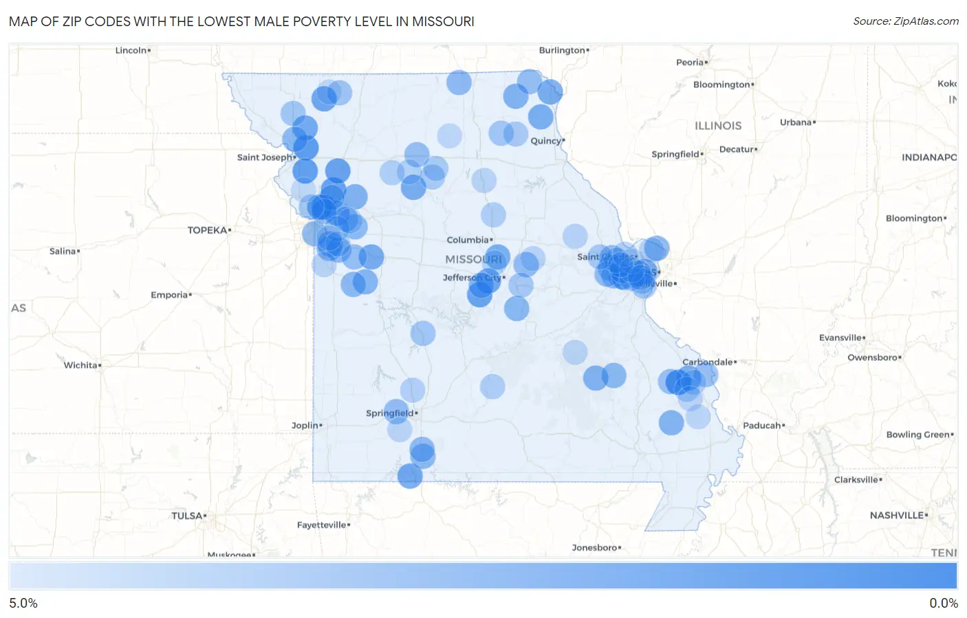 Zip Codes with the Lowest Male Poverty Level in Missouri Map