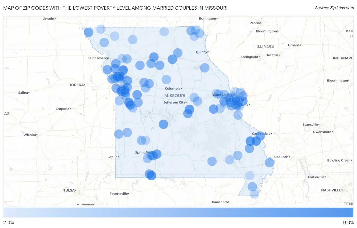 Zip Codes with the Lowest Poverty Level Among Married Couples in Missouri Map