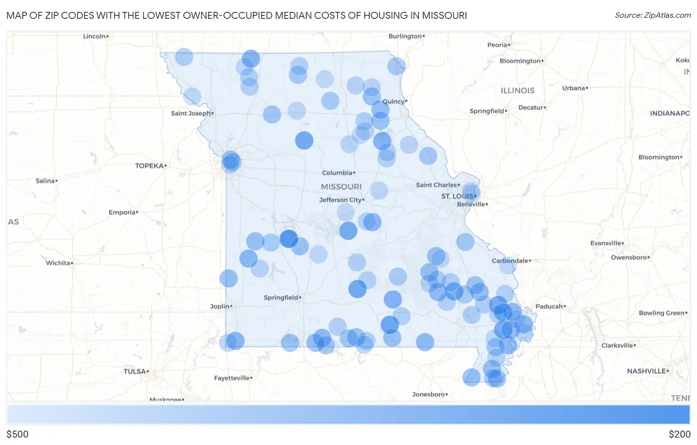 Zip Codes with the Lowest Owner-Occupied Median Costs of Housing in Missouri Map