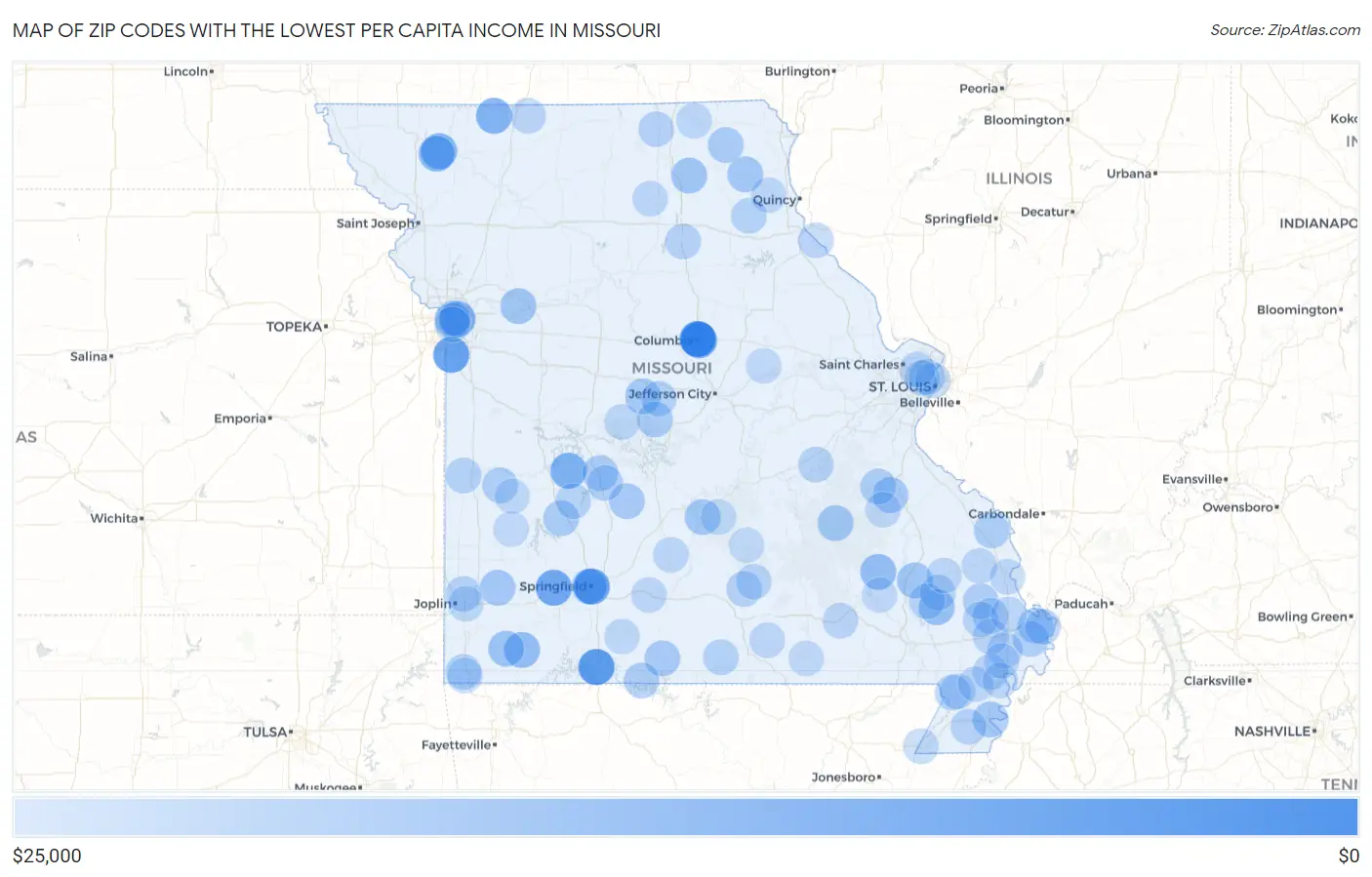 Zip Codes with the Lowest Per Capita Income in Missouri Map