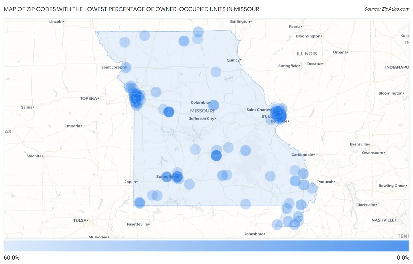 Zip Codes with the Lowest Percentage of Owner-Occupied Units in Missouri Map