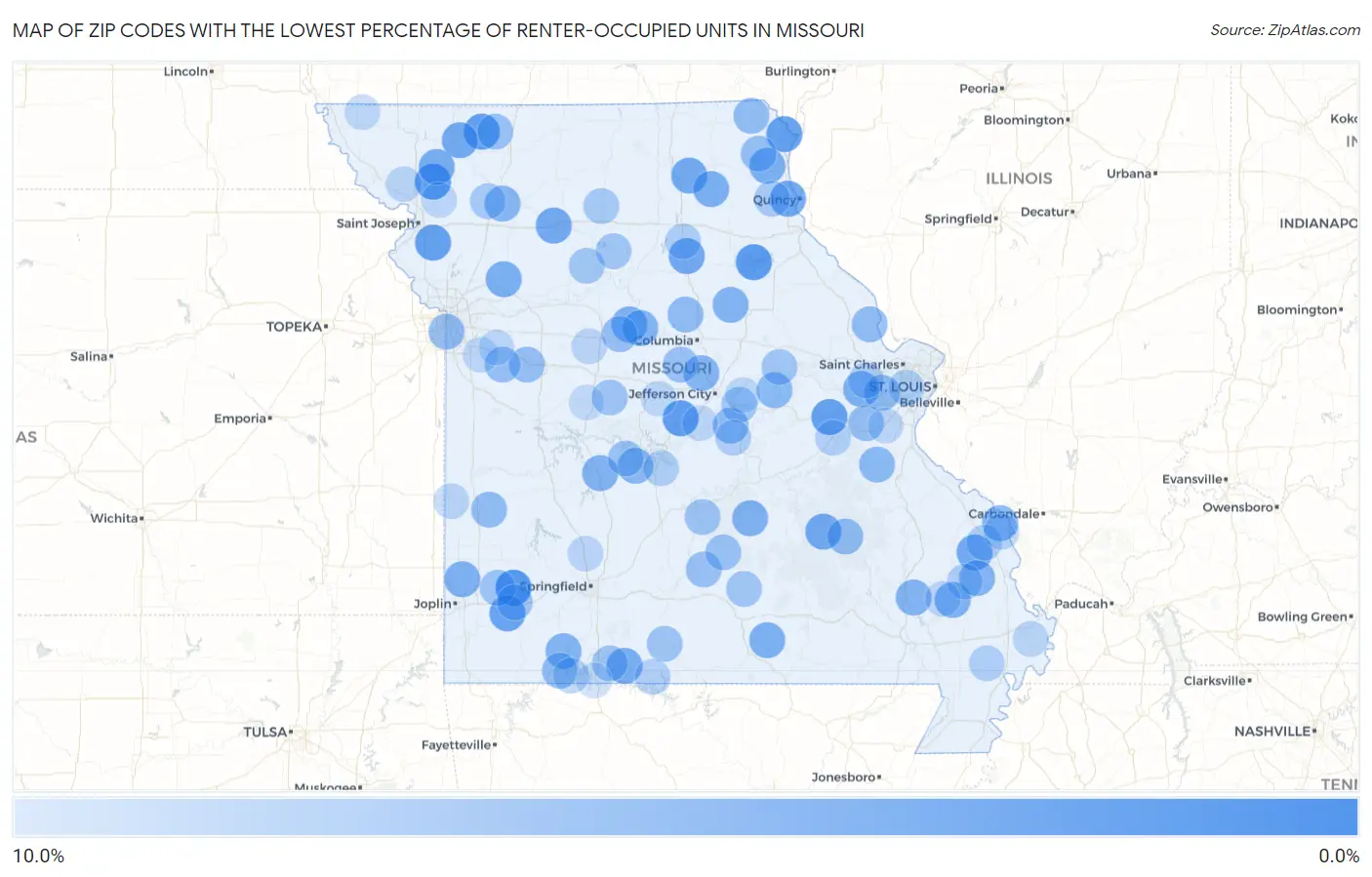 Zip Codes with the Lowest Percentage of Renter-Occupied Units in Missouri Map