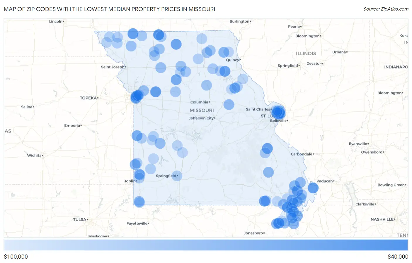 Zip Codes with the Lowest Median Property Prices in Missouri Map