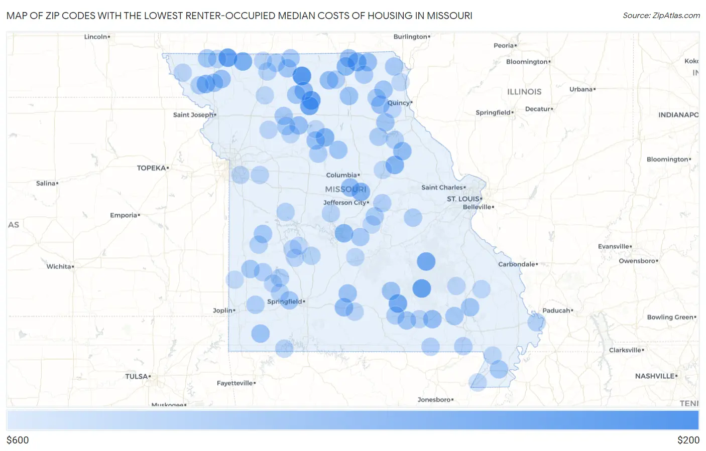 Zip Codes with the Lowest Renter-Occupied Median Costs of Housing in Missouri Map