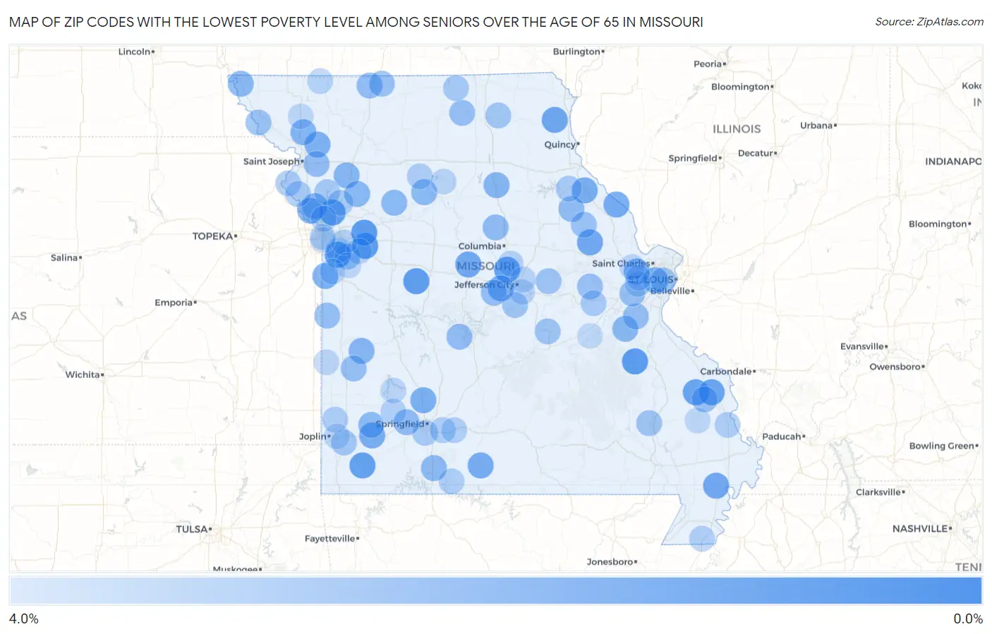 Zip Codes with the Lowest Poverty Level Among Seniors Over the Age of 65 in Missouri Map