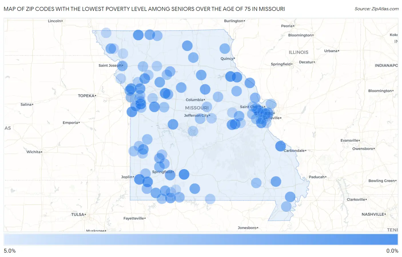 Zip Codes with the Lowest Poverty Level Among Seniors Over the Age of 75 in Missouri Map