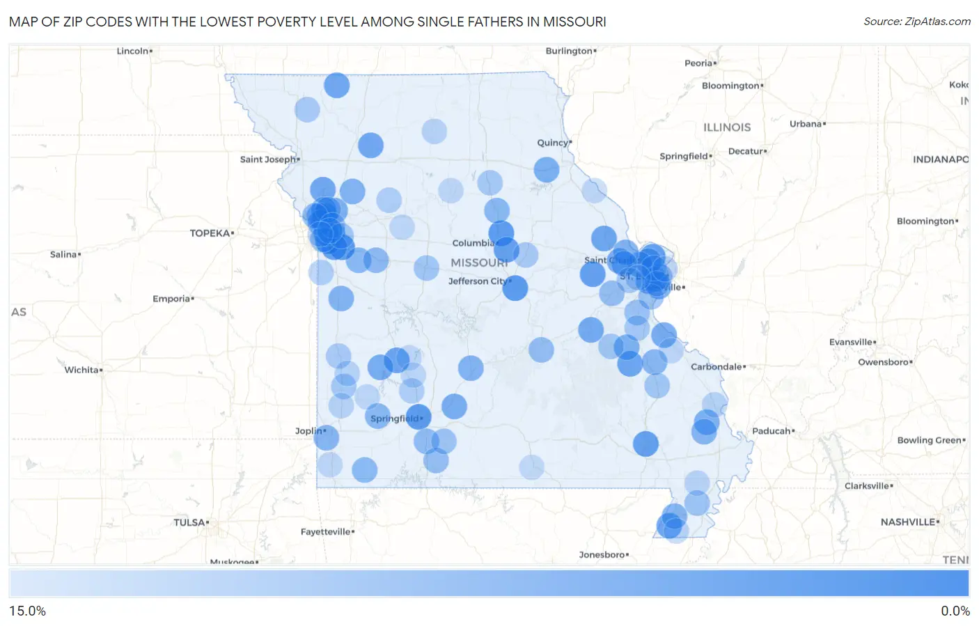 Zip Codes with the Lowest Poverty Level Among Single Fathers in Missouri Map