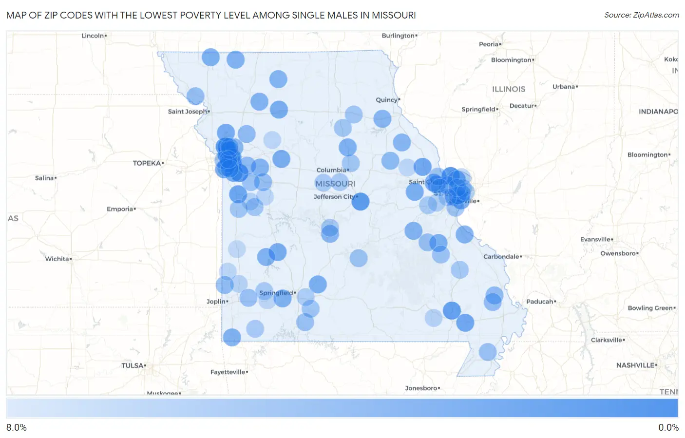 Zip Codes with the Lowest Poverty Level Among Single Males in Missouri Map