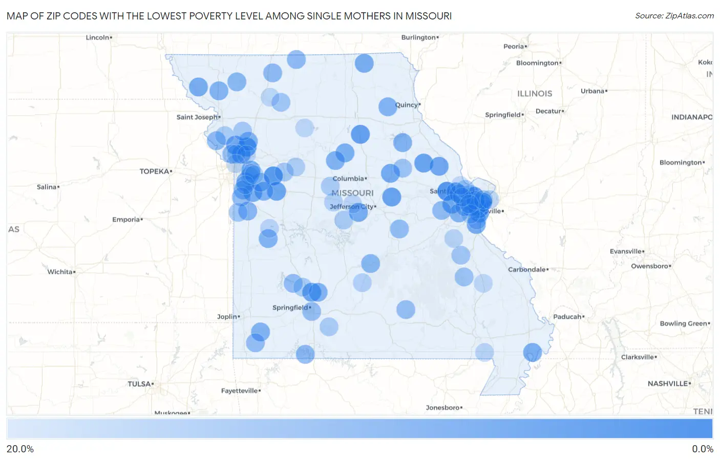 Zip Codes with the Lowest Poverty Level Among Single Mothers in Missouri Map