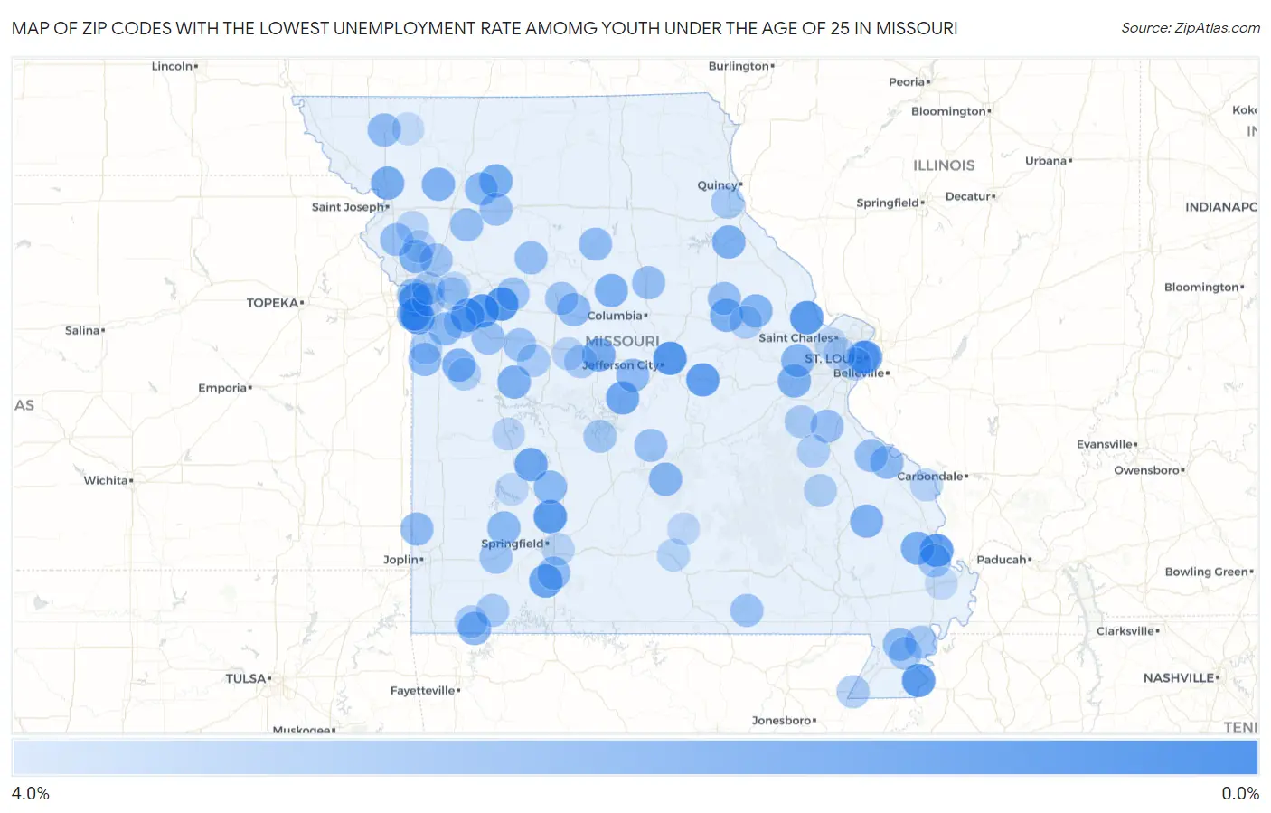 Zip Codes with the Lowest Unemployment Rate Amomg Youth Under the Age of 25 in Missouri Map