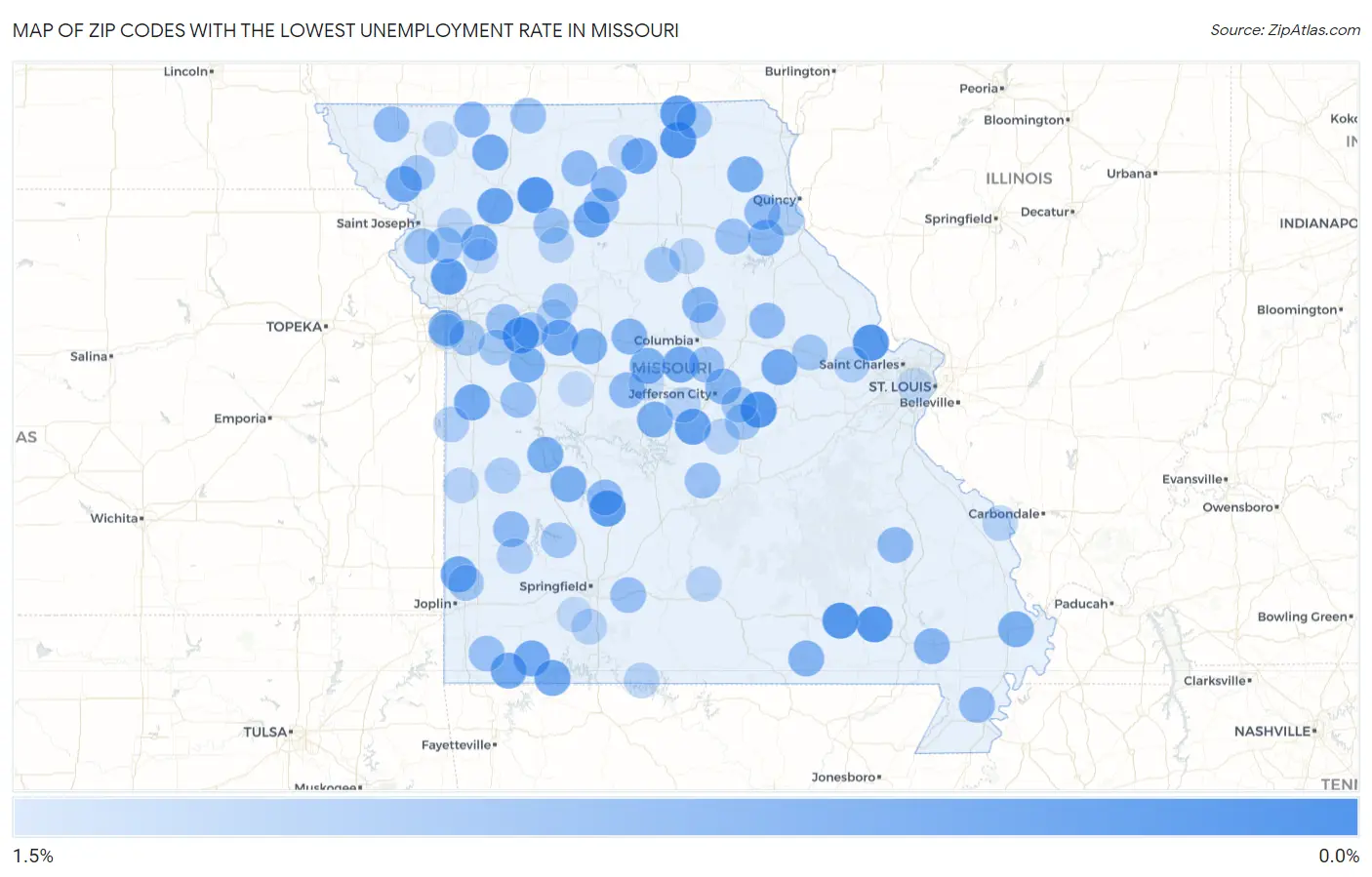 Zip Codes with the Lowest Unemployment Rate in Missouri Map