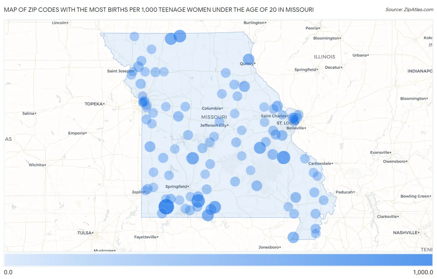 Zip Codes with the Most Births per 1,000 Teenage Women Under the Age of 20 in Missouri Map