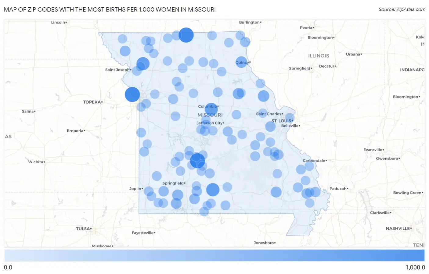Zip Codes with the Most Births per 1,000 Women in Missouri Map