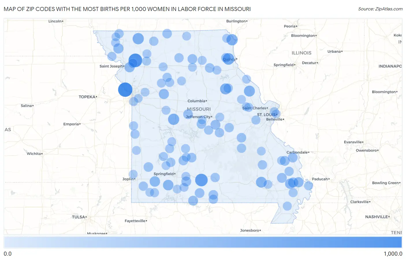 Zip Codes with the Most Births per 1,000 Women in Labor Force in Missouri Map