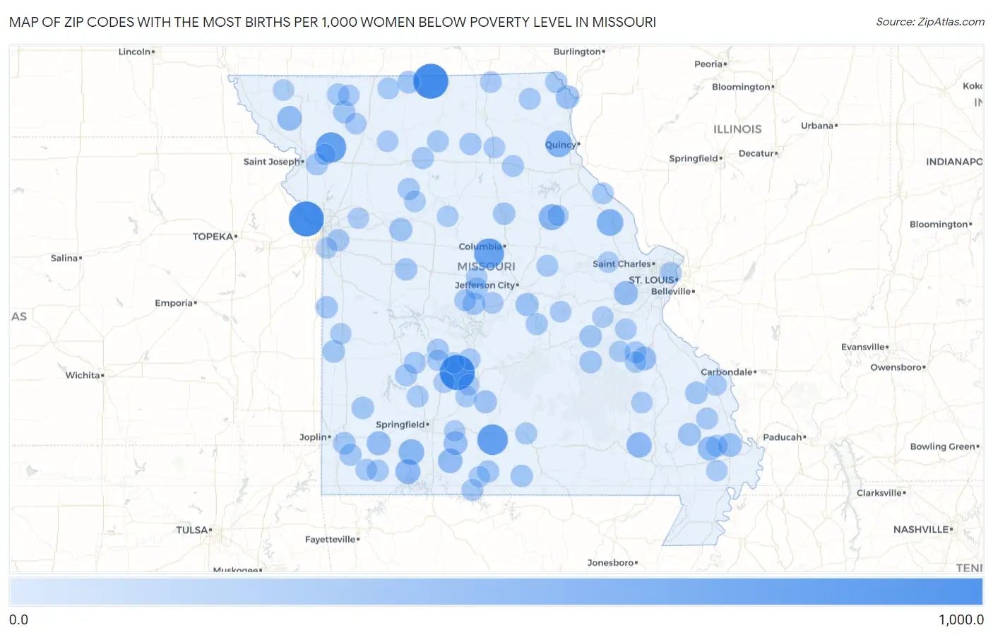 Zip Codes with the Most Births per 1,000 Women Below Poverty Level in Missouri Map