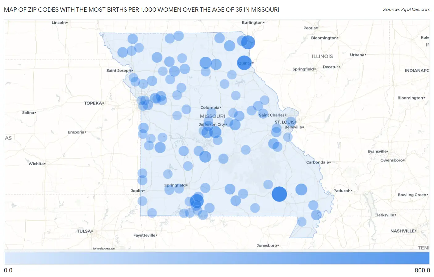 Zip Codes with the Most Births per 1,000 Women Over the Age of 35 in Missouri Map