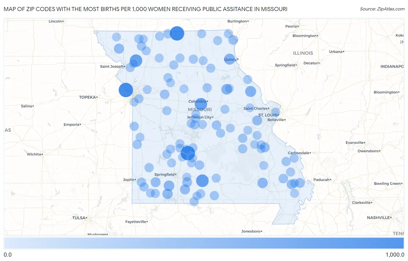 Zip Codes with the Most Births per 1,000 Women Receiving Public Assitance in Missouri Map
