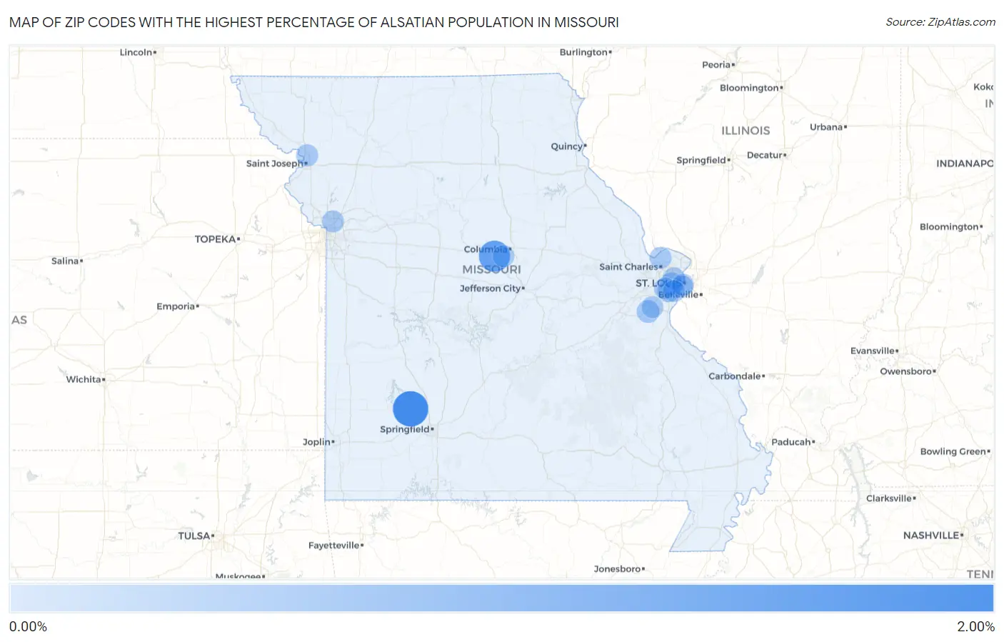 Zip Codes with the Highest Percentage of Alsatian Population in Missouri Map