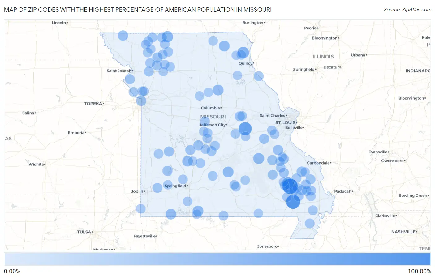 Zip Codes with the Highest Percentage of American Population in Missouri Map