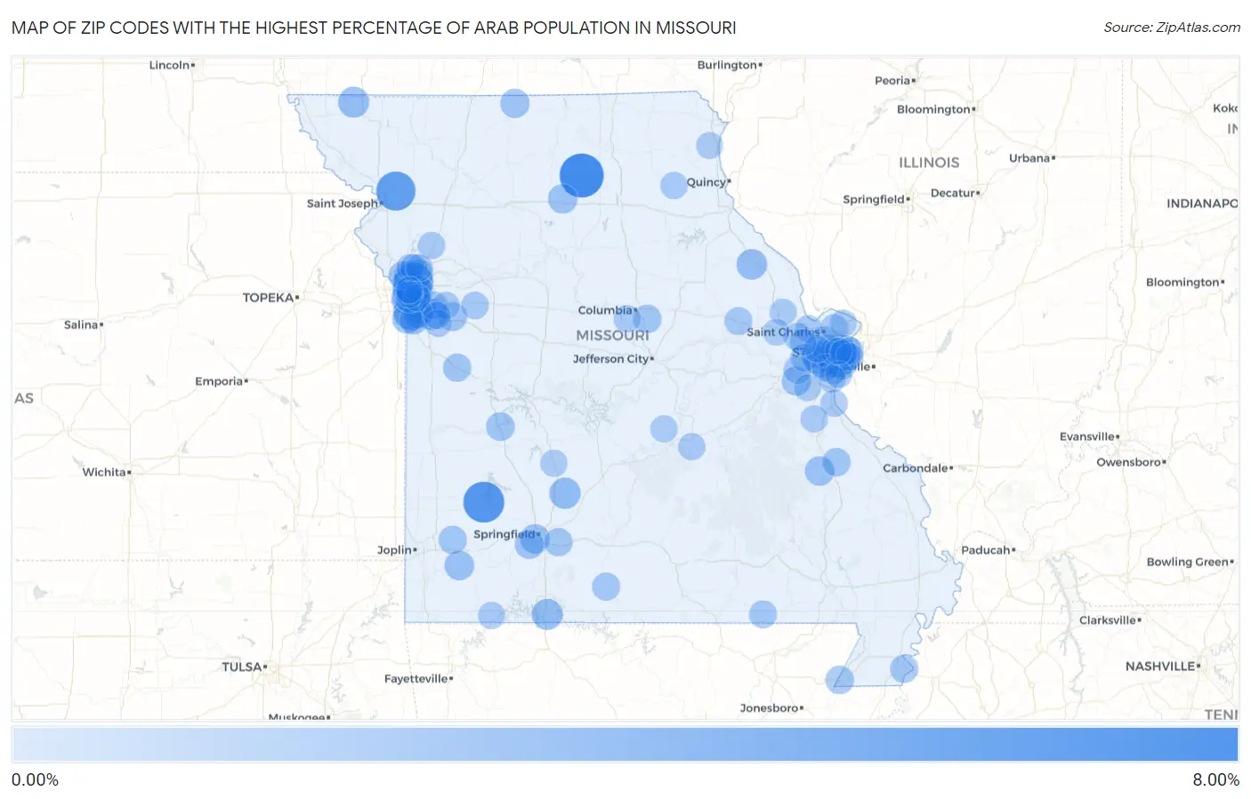Zip Codes with the Highest Percentage of Arab Population in Missouri Map