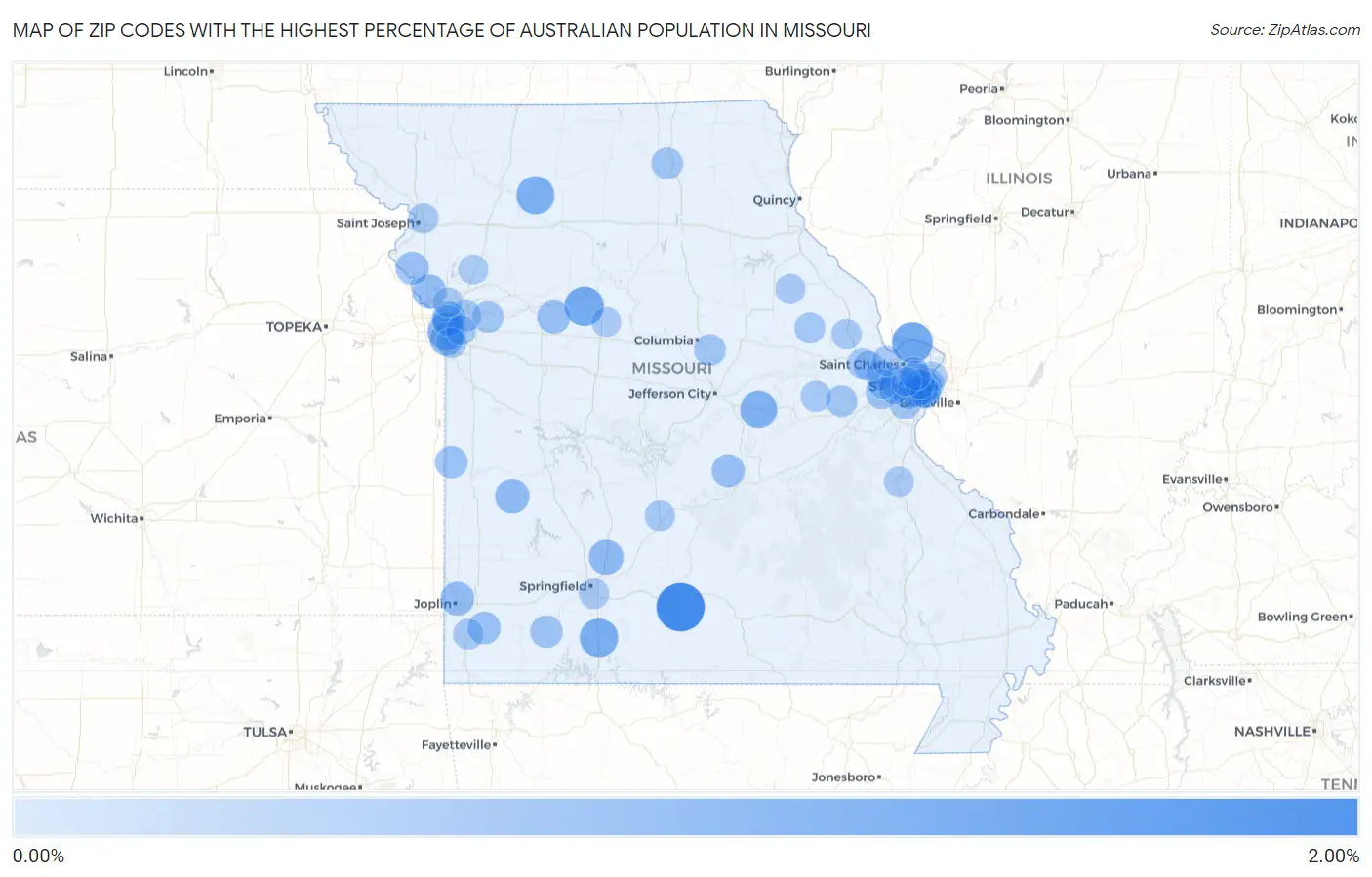 Zip Codes with the Highest Percentage of Australian Population in Missouri Map