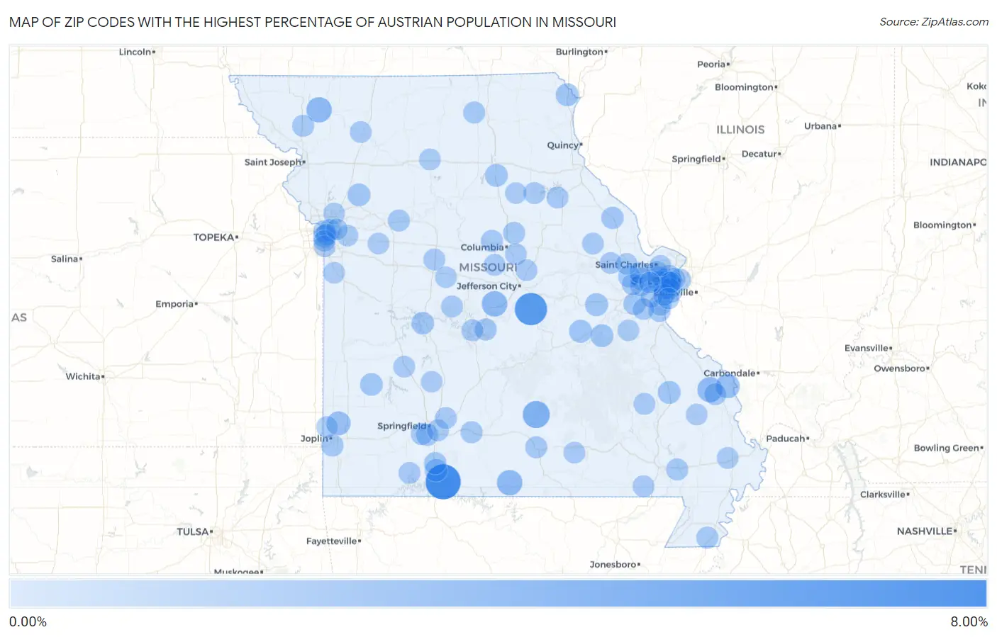 Zip Codes with the Highest Percentage of Austrian Population in Missouri Map