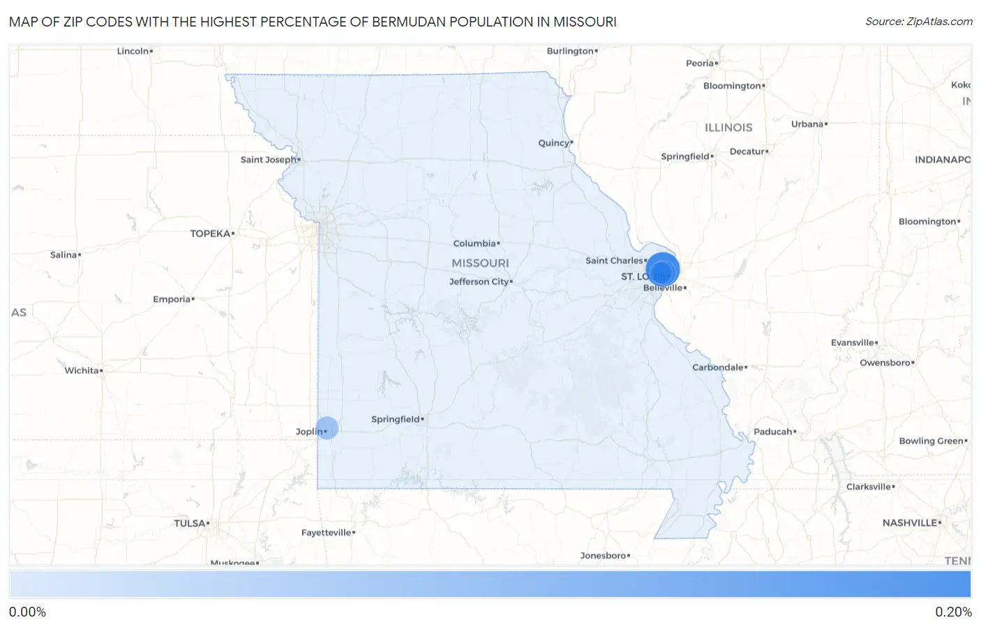 Zip Codes with the Highest Percentage of Bermudan Population in Missouri Map