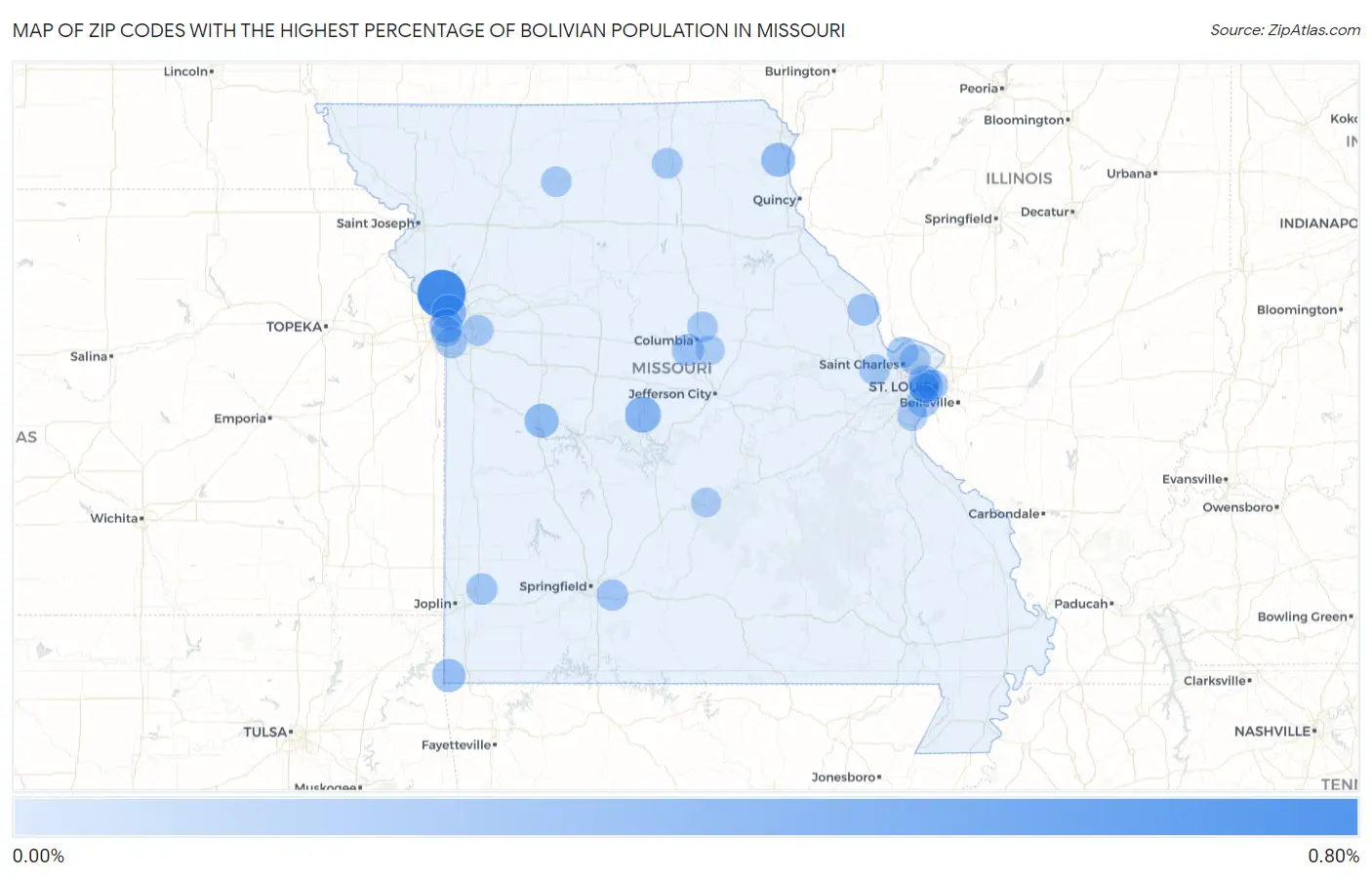 Zip Codes with the Highest Percentage of Bolivian Population in Missouri Map