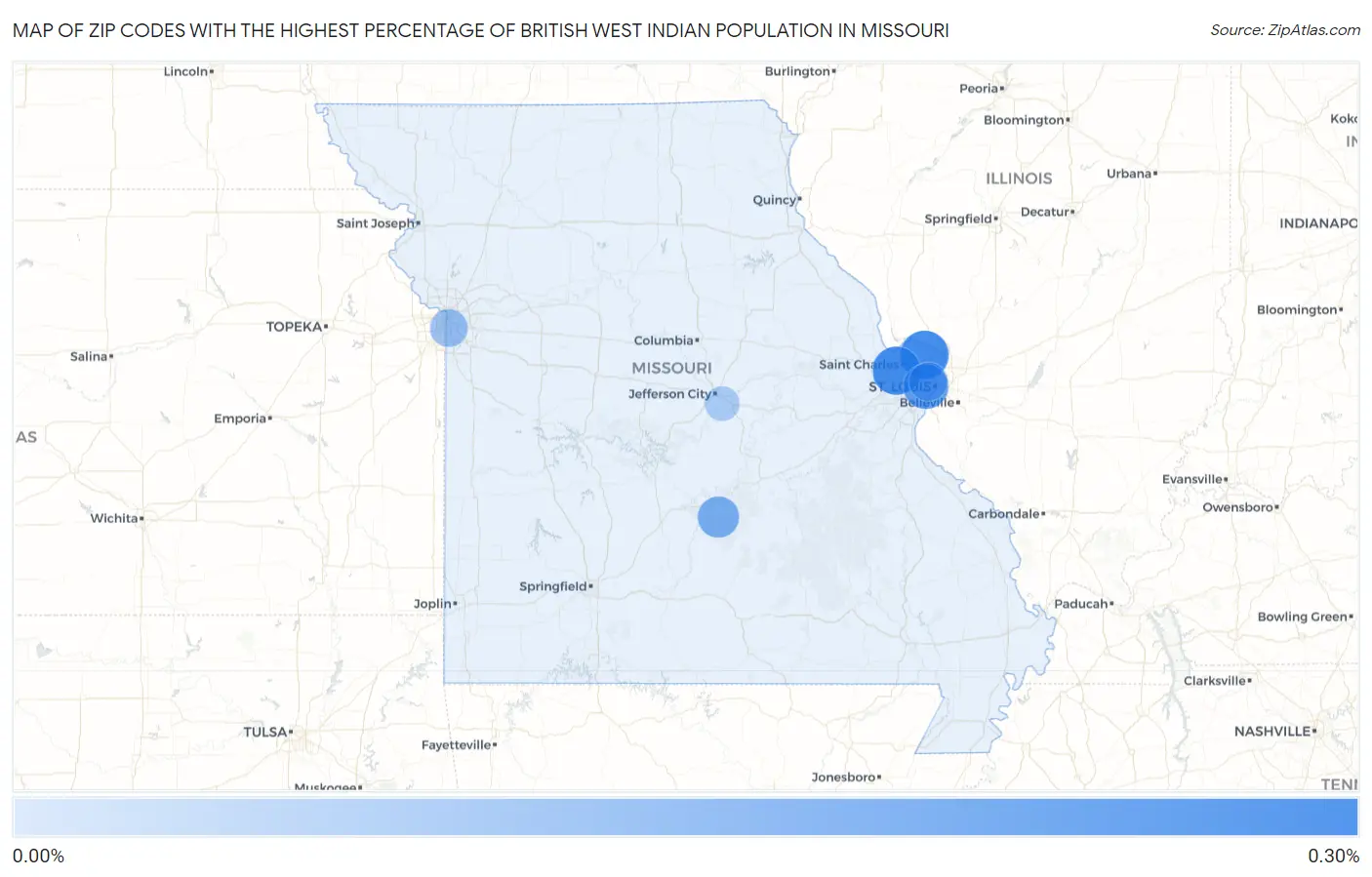 Zip Codes with the Highest Percentage of British West Indian Population in Missouri Map