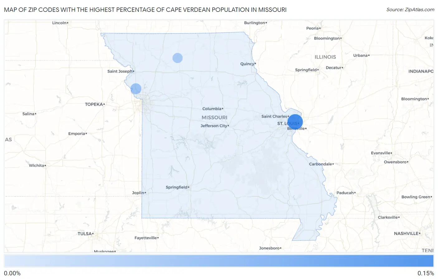 Zip Codes with the Highest Percentage of Cape Verdean Population in Missouri Map