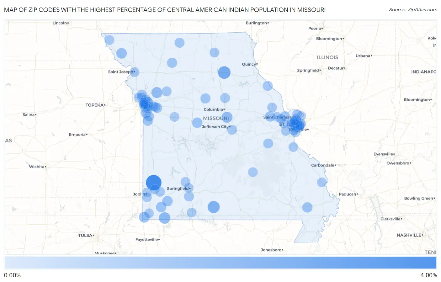 Zip Codes with the Highest Percentage of Central American Indian Population in Missouri Map