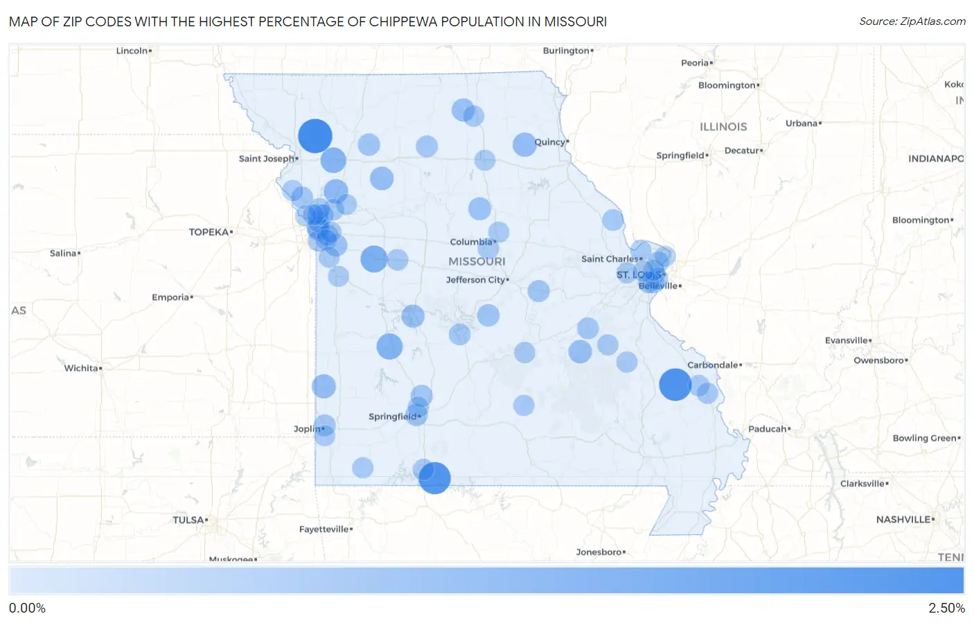 Zip Codes with the Highest Percentage of Chippewa Population in Missouri Map