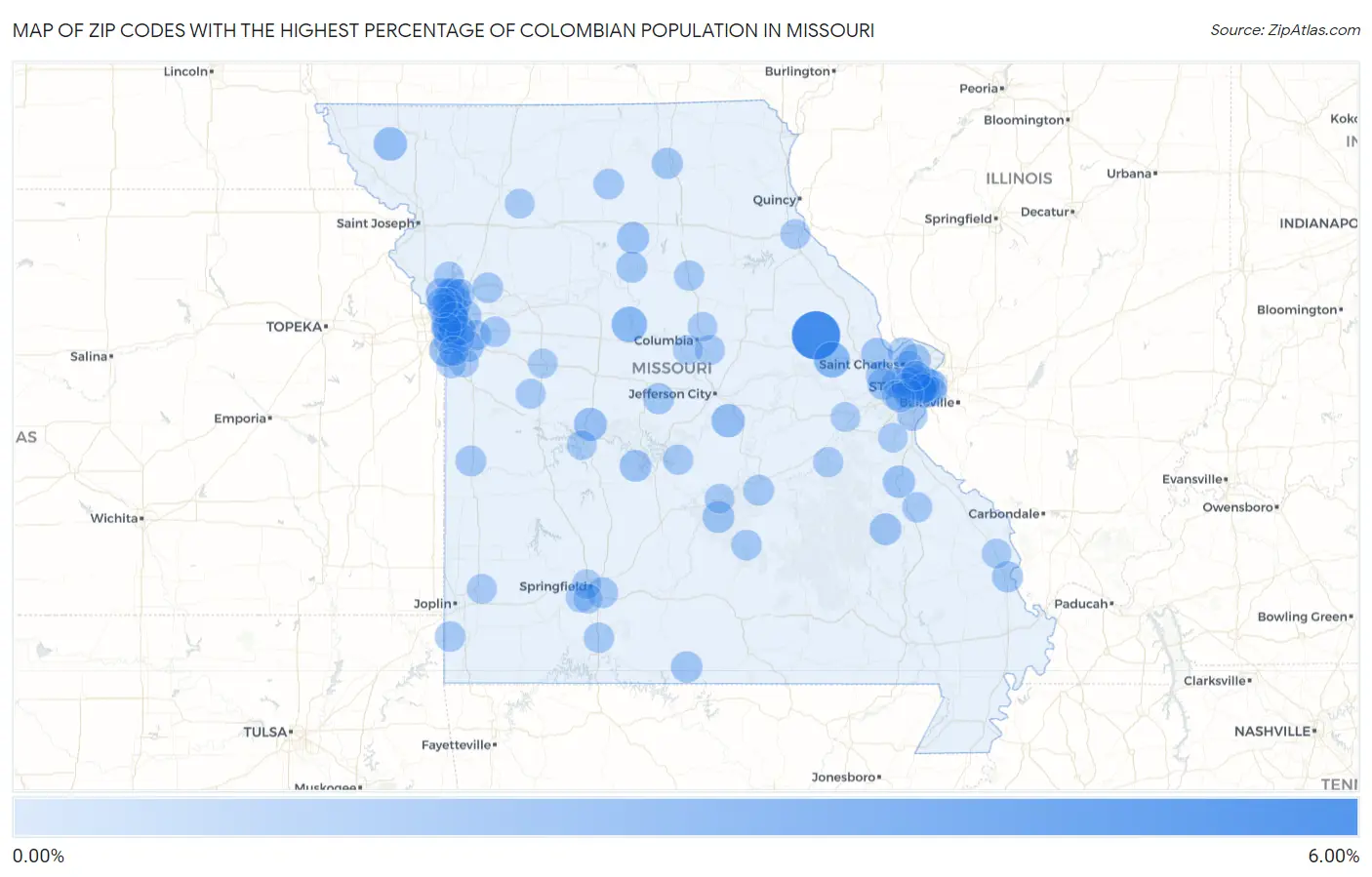 Zip Codes with the Highest Percentage of Colombian Population in Missouri Map