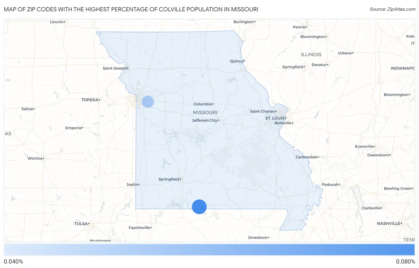 Zip Codes with the Highest Percentage of Colville Population in Missouri Map